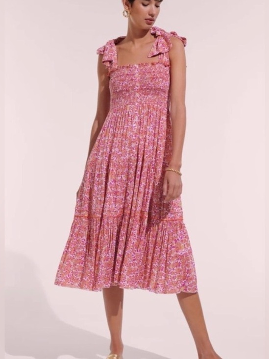 Poupette St. Barth Dresses & Skirts - Poupette St. Barth Pink Floral Smocked Tie-Shoulder Midi Dress